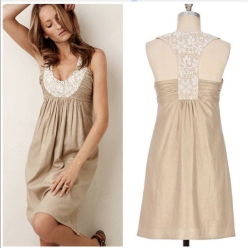 Anthropologie Sweet Olive Shift - linen dress with cream lace detail size 4